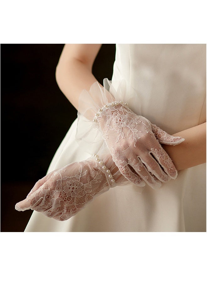 Women's Lace Gloves - Elegant Short Lace Net Gloves for Bridal Wear - Sheer Delicate Lace Pearl Gloves for Weddings, Formal Events, Tea Parties, Opera, for Bridal Gowns (white) - Image 2